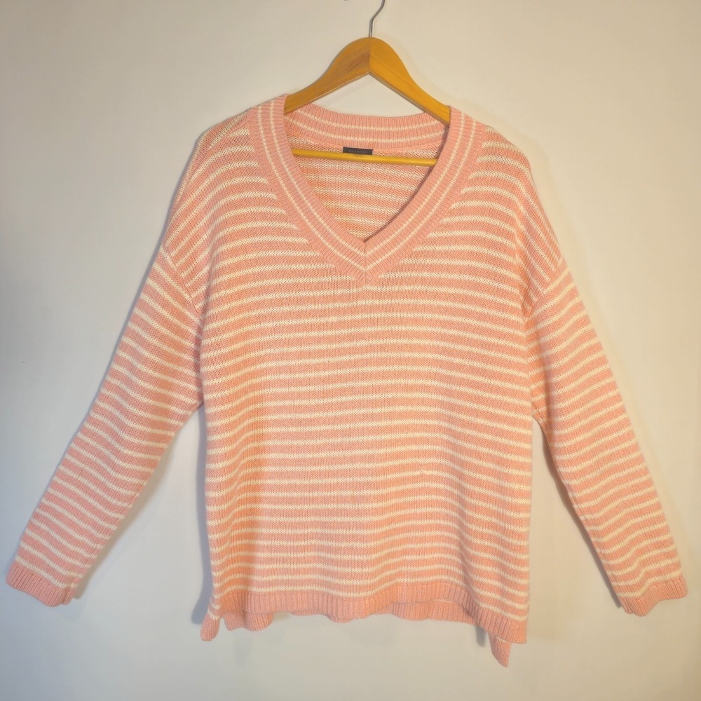 Talbots Sweater Womens Large Pink White Striped Tight Knit Ribbed Trim V Neck